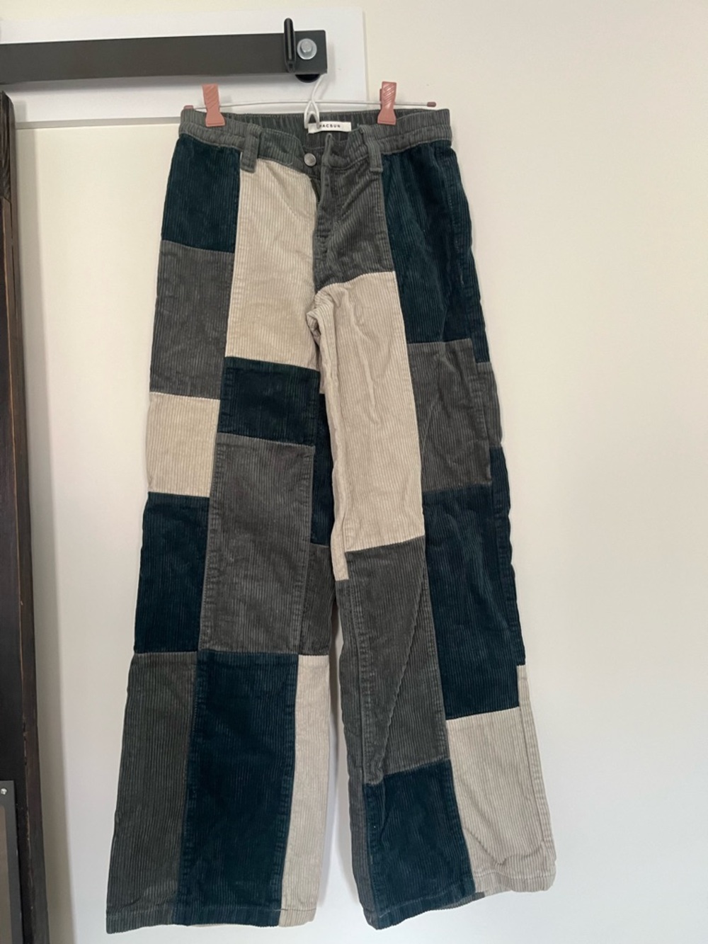 PacSun Patchwork Corduroy Wide-Leg Pants in Dark Green, Gray & Beige